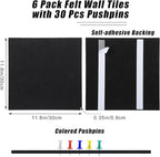 Large Cork Board 36" x 24", 6 Pack Felt Wall Tiles with 30 Pcs Pushpins, Bulletin Board with Removable Self-Adhesive Strips, Pin Boards Cork Boards for Walls Office Home Classroom Decor-Black