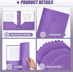 Lincia 100 Pcs Plastic Folders with Pockets and Prong Folders with Prongs 2 Pockets for Office, School for Students, Teachers, Office Workers(Purple)