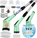 Electric Spin Scrubber, Dreazu IPX7 Bathroom Scrubber with 7 Replaceable Brush Heads & Retractable Handle, 2-Speed Adjustable Spin Scrubber for Bathroom, Bathtub, Kitchen, Tile Floors（Green）