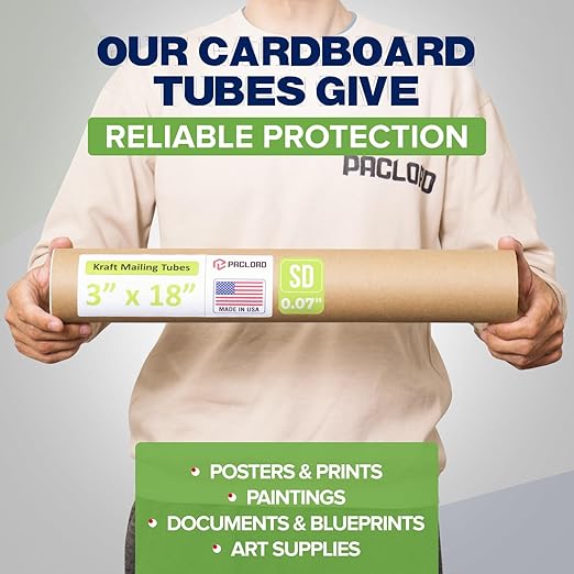 Paclord 3" x 18" Reinforced Kraft Paper Mailing Tube, Pack of 4 Tubes with 8 Caps – Secure USPS Approved Poster Tube – Cardboard Tube for Shipping and Storing Posters, Prints, Artwork, or Documents