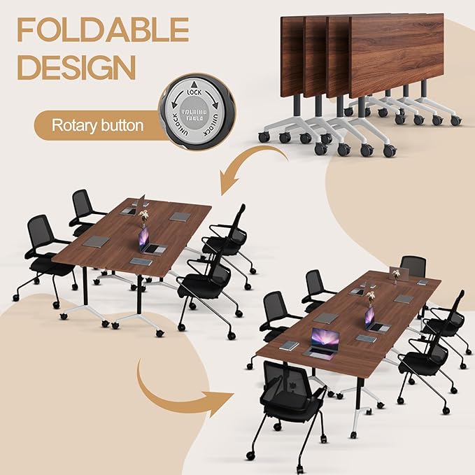 Folding Conference Table 4ft 5ft, Foldable Office Meeting Desk for 6 People, Multiple Sizes Colors Mobile Conference Room Table for Training Room School Business Furniture (6, Walnut, 63in)