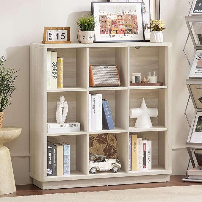 Joaxswe 9 Cube Storage Book Shelf, 41" Tall Organizer Bookcase with Curved Edge, Wood Floor Standing 3-Tier Cubby Bookshelf with Base, Vintage Display Book Case for Bedroom,Office,Grey-White Cream Oak