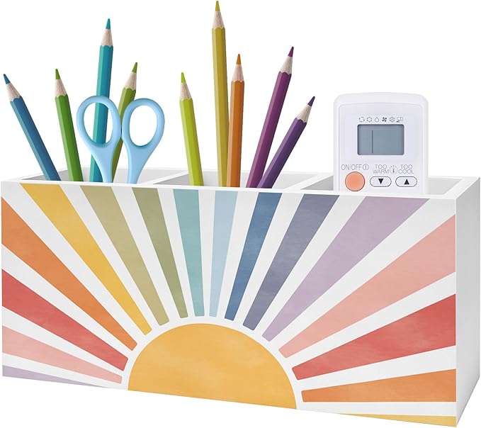 Exqcom Boho Colorful Sunshine Pen Pencil Holder, Boho Desk Office Decor, Retro Rainbow Sun Sunrise Sunset Pencil Pen Holder Organizer for Home Office Desk Accessories
