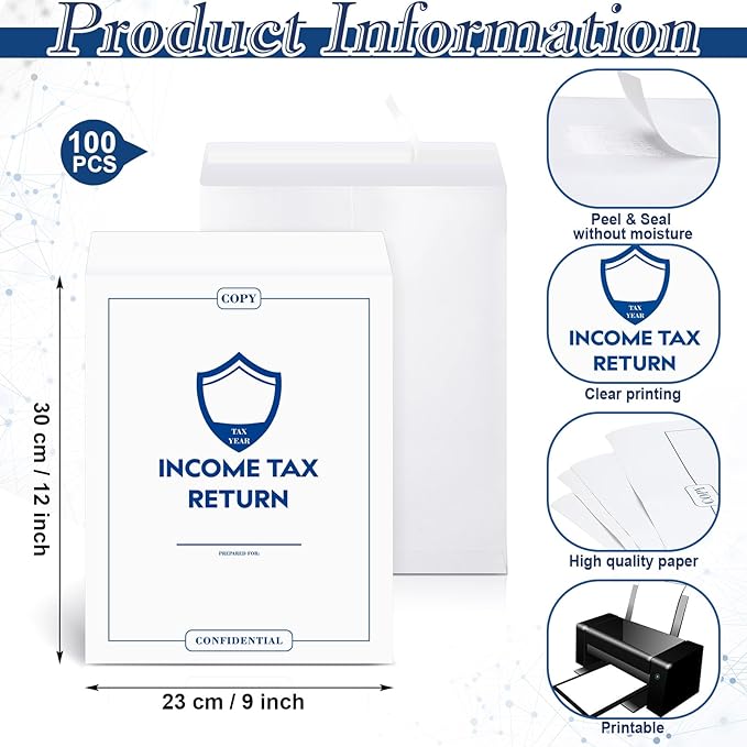 Engrowtic 200 Pcs Income Tax Return Envelope for Tax Preparers 9 x 12 Inches Open End Security Envelopes for Office Business Legal Documents Catalog Paper Mailing, White