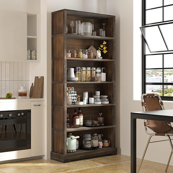 TVU 6-Tier Wooden Book Shelf, Floor-Standing Display Bookcase, 77.2" H x 31.5" W x 11" D Bookshelf, Farmhouse Style Book Case with Arched Base, Suitable for Living Room, Study, Office, Rustic Brown