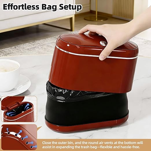 PAVSTINE Mini Trash Can for Desk with 5 Rolls of Trash Bags, Small Press-Top Countertop Garbage Bin, Removable Waste Basket for Bedroom, Vanity, Coffee Table, Kitchen (Red Full-Lid)