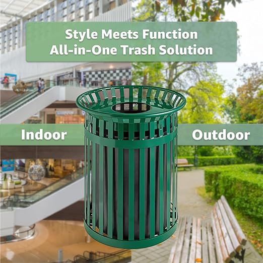 Zedfire 36 Gallon Green Waste Bin with Flat Lid, Outdoor Heavy-Duty Commercial Trash Can Steel Slatted, Round Recycle Container, Durable Garbage Can for Parks, Municipalities, Parking, Schools