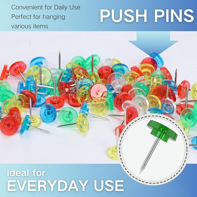 150 PCS Colored Push Pins for Wall Thumb Tacks for Walls Flat thumbtacks Push pin for Bulletin Board Shadow Box Display Thumbtack for Cork Board (Clear Colored)