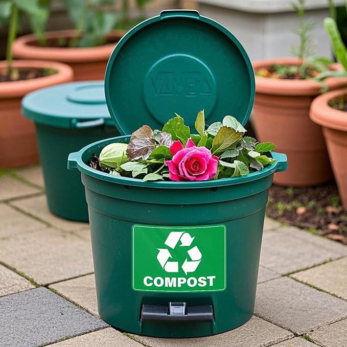 YIKIADA 10 Pack Compost Stickers 10 × 7 Inches Vinyl Weatherproof Self Adhesive Recycle Sign for Trash Cans Yard Waste Bins Home Business