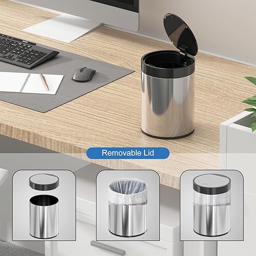 SolaceCove Mini Trash Can for Desk 0.4 Gallon,1.5L Stainless Steel mini Desk Trash can with Lid,Tiny Trash Can for Desk with 1 Roll Bags for Office, Home, Car,(Brushed Gray)