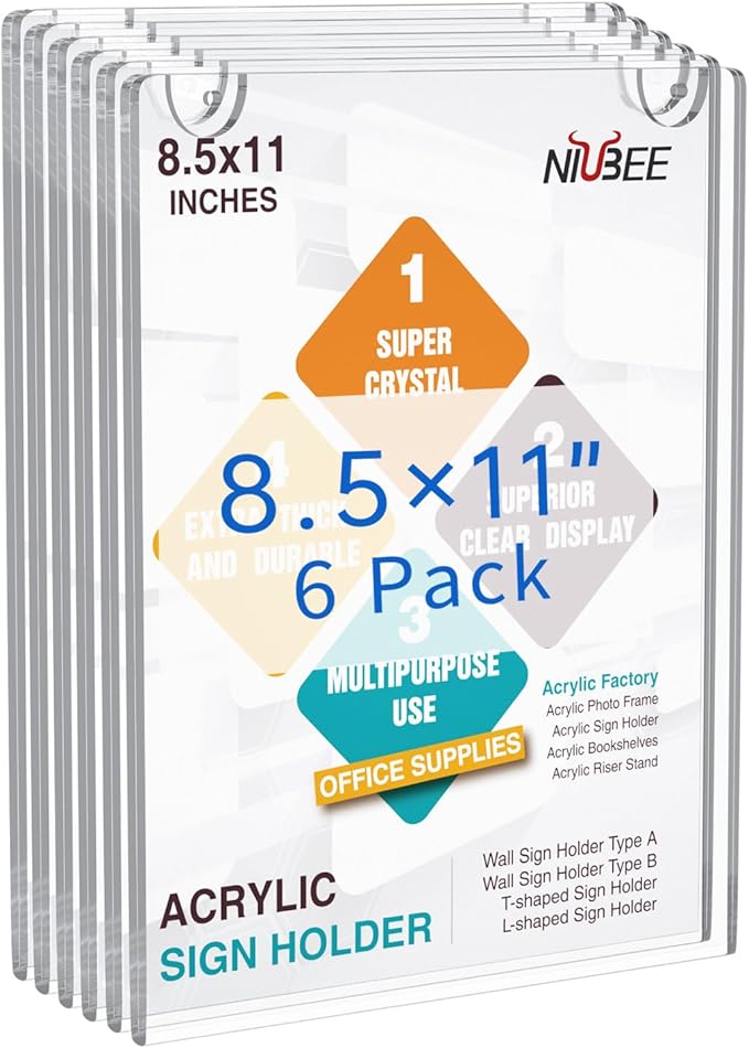 NIUBEE 6 Pack Acrylic Wall Sign Holder 8.5x11 Vertical, Clear Plastic Picture Frame, Wall Mounted Design, Support No Drilling(Provide 3M Tape and Screws)