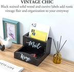 MyGift Urban Modern Mail Holder and Key Organizer Tray in Black Stained Solid Wood Finish, Entryway Storage Catchall with Cursive Mail and Keys Word Design, Office Desktop Organizing Bin
