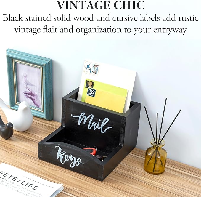 MyGift Urban Modern Mail Holder and Key Organizer Tray in Black Stained Solid Wood Finish, Entryway Storage Catchall with Cursive Mail and Keys Word Design, Office Desktop Organizing Bin