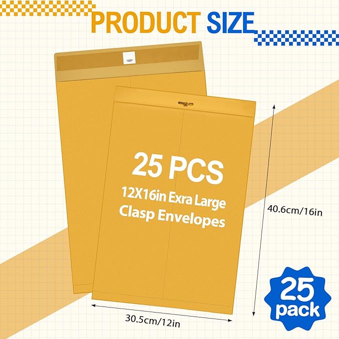 Motipuns 25 Pcs Manilla Envelopes 12 x 16 Inch Large Clasp Envelope Catalog Envelopes with Clasp Closure for Mailing Thick Documents Home, Business, Legal or School Storing Mailing (Golden)