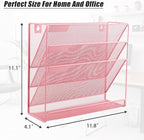 EASEPRES Desk File Organizer Mesh 4-Tier, Hanging Wall Mount Document Organization Stand, Desktop Vertical Mail Paper Folder Holder Rack with Bottom Tray for Office Home Cubicle Countertop, Pink