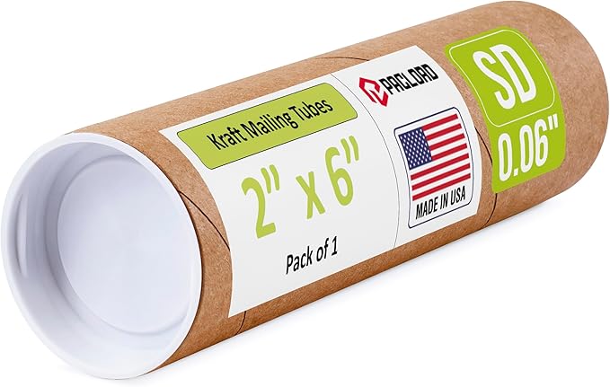 Paclord 2" x 6" Reinforced Kraft Paper Mailing Tube, Pack of 1 Tube with 2 Caps – Secure USPS Approved Poster Tube – Cardboard Tube for Shipping and Storing Posters, Prints, Artwork, or Documents