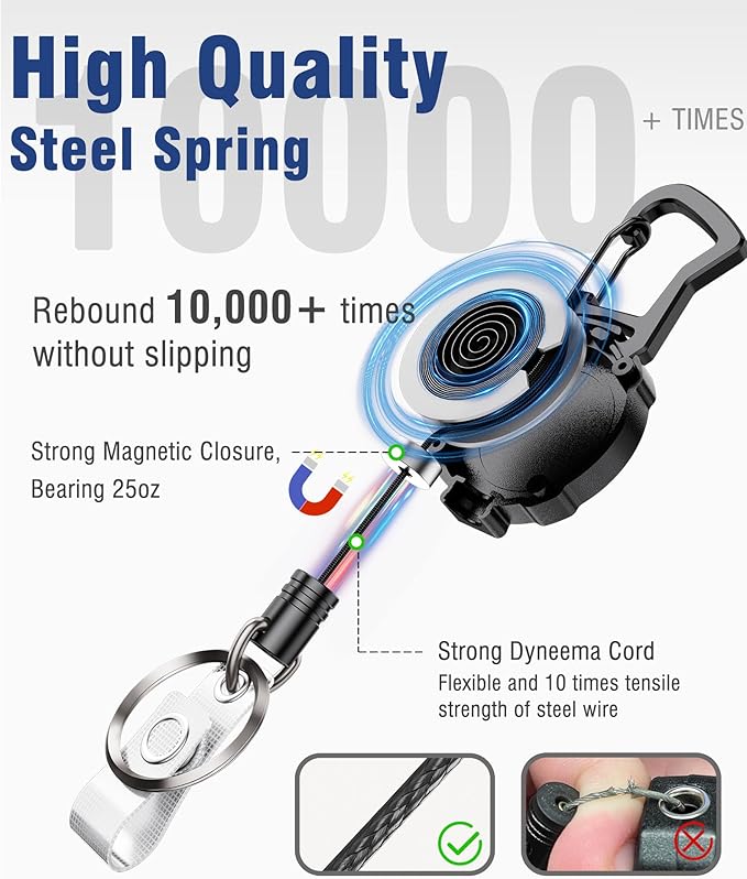 Autonomier 1Pack Heavy Duty Retractable Keychain, Unbreakable Embedded Body with 30.5" Dyneema Cord, Tactical ID Badge Holder Reel Carabiner Clip with Secure Magnetic Closure for Men, Holds 25oz