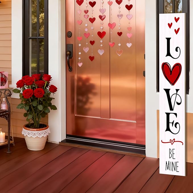Valentine’s Day Porch Sign 47.2" Wooden “Love Be Mine” Hanging Signs, Romantic Heart Decor for Front Door, Porch, or Indoor Outdoor Valentine Party Decorations