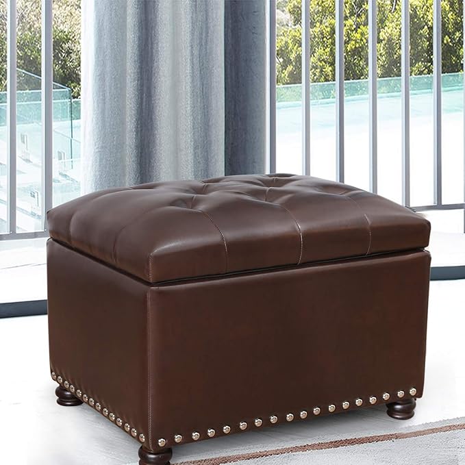 Decent Home 24'' Leather Storage Ottoman Rectangular Foot Rest Stool with Nailhead Trim for Bedroom Living Room(Dark Brown)
