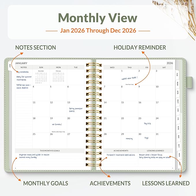 SUNEE 2026 Planner 5.9" x 8.3" – Dated Productivity Planner for Time Management - Daily,Weekly & Monthly Planner to Achieve Goals - Planner 2026 dated from January 2026 – December 2026,Grey Green