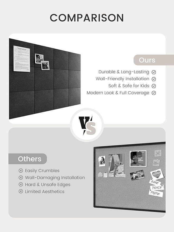 Bumusty Large Cork Board 47"x35" Alternative - 12 Pack Felt Wall Tiles with 70 Safe Removable Adhesive Tabs, 30 Pushpins, Cork Boards for Walls Pin Board Bulletin Board Office Decor (Charcoal Gray)