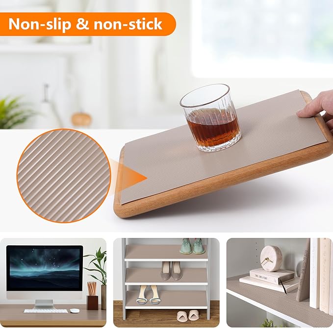 Shelf Liners for Kitchen Cabinets Drawer Liner Non Adhesive Cupboard Mat EVA Material Waterproof Refrigerator Mats Washable Fridge Liner for Cupboard and Desks Liner Beige 11.8 x 118 Inches