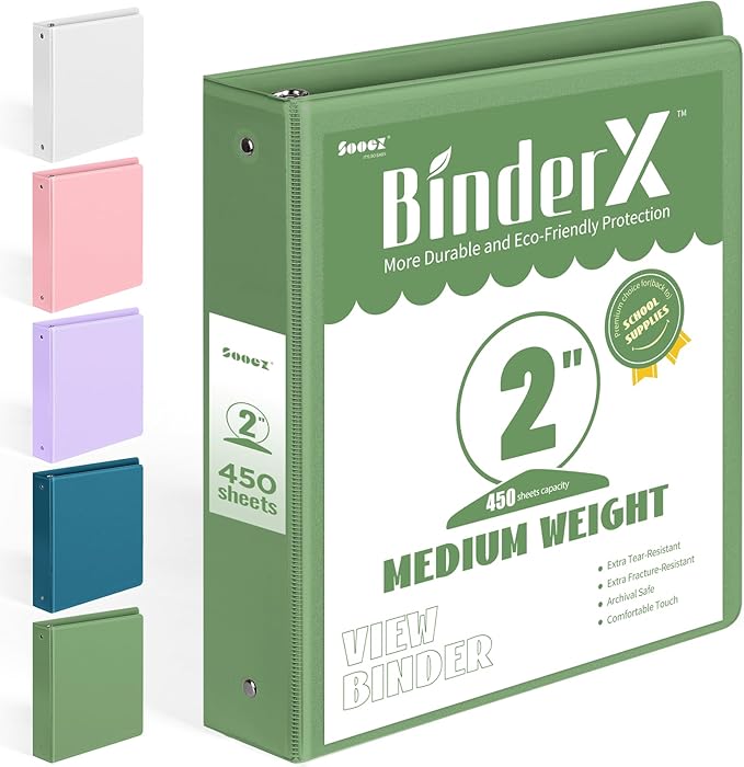 BinderX Extra Durable 3 Ring Binder, Round Ring 2 Inch Binders, Fits 450 Sheets of 8.5x11 Paper, Customizable View Cover with Inside Pockets, Cute 2" Binder, School Supplies for Girls, Olive Green