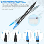 Ohuhu Markers for Adult Coloring Books No Bleeding 160 Colors Coloring Markers Water-based Dual Tips Fineliner & Brush Drawing Pens Art Pens for Kids Adults Sketch Journal - Maui - Black