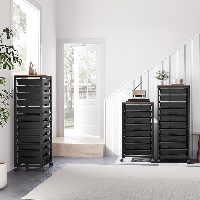 SYKIARIOL Rolling Cart with Drawers,12 Drawer Rolling Cart,Rolling storage cart with drawers,Black Rolling Drawer Cart,Teacher Rolling Cart for Classroom Storage,Craft Cart with Wooden Tabletop