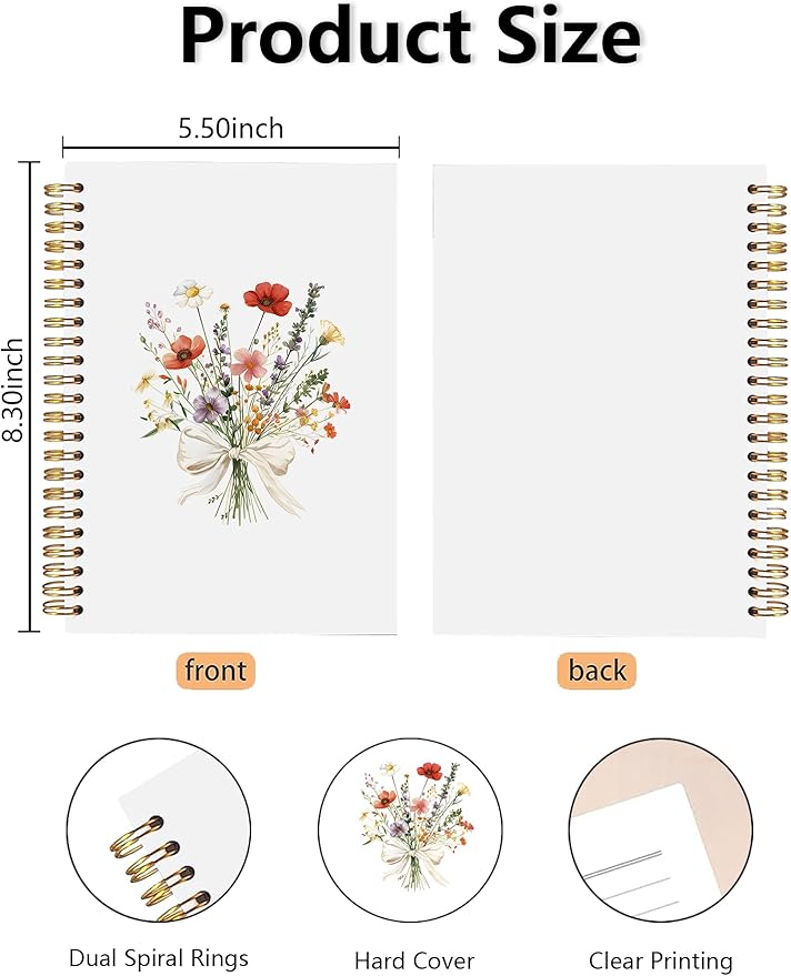 BitKan Wildflower Floral Spiral Notebook, Rustic Botanical Flower Journal, Cottagecore Colorful Floral Journal for Women, Preppy Bow Flower Aesthetic Notebook 5.5x8.3 Inch-372