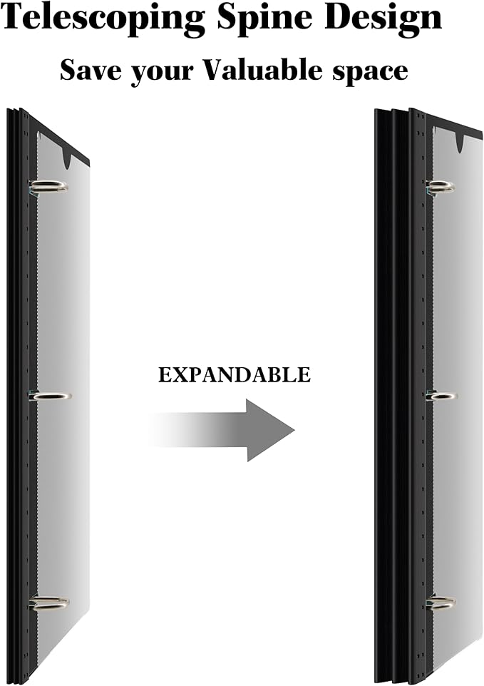 INFUN 1 Inch Telescoping 3 Ring Binder - 4PCS-Black, Flexible Binders with Customizable Front Cover and Clear Catalog Pocket,1 inch Binders 3 Ring, 225 Sheet Capacity