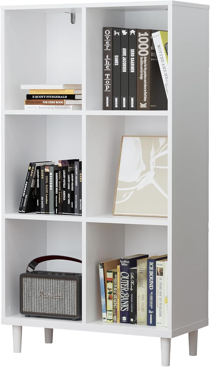 Chyanmoo Wood Cube Storage Organizer White Bookshelf - 3-Tier Freestanding Storage Cabinet with Legs for Home Office, 6-Cubes Open Shelf