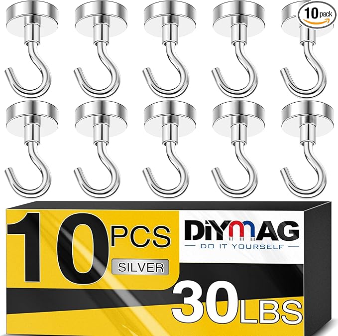 DIYMAG Magnetic Hooks for Hanging Cubicle Accessories, 30lbs 2026 Cruise Cabin Ship Essentials N52 Magnetic Hook Heavy Duty Strong Magnets Fridge for Classroom Beach Kitchen Grills 10 Pack Silver