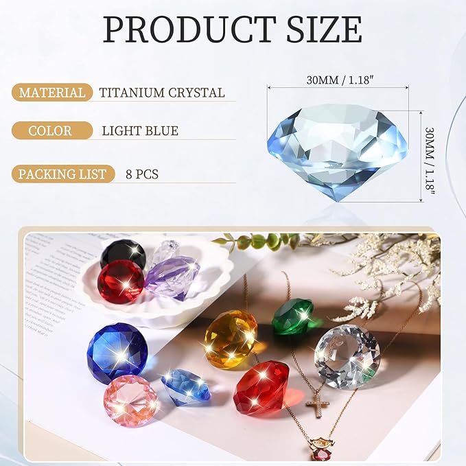 PATIKIL 8 Pcs Diamond Crystal Paperweight, 30mm / 1.18 Inch Crystal Paperweight Paper Weight for Home Office Desktop Table Decor Wedding Party Jewelry Ornaments, Light Blue
