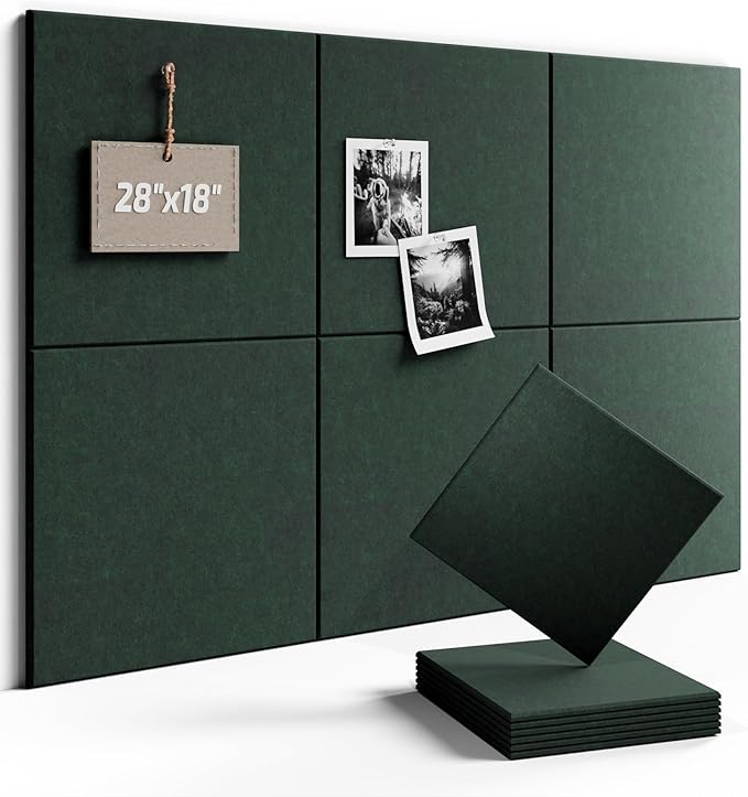 Fluxynara Felt Bulletin Board Tiles -28"x18" Cork Board Alternative for Office Decor, Push Pin Board Wall Organizer 6-Pack -Pine Green
