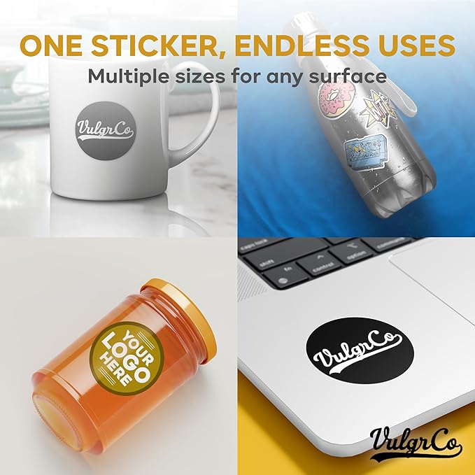 VulgrCo Custom Stickers, Image or Text- Vinyl Custom Labels Stickers Personalized - Waterproof, Dishwasher Safe, Fade Resistant, UV Protected Business Labels