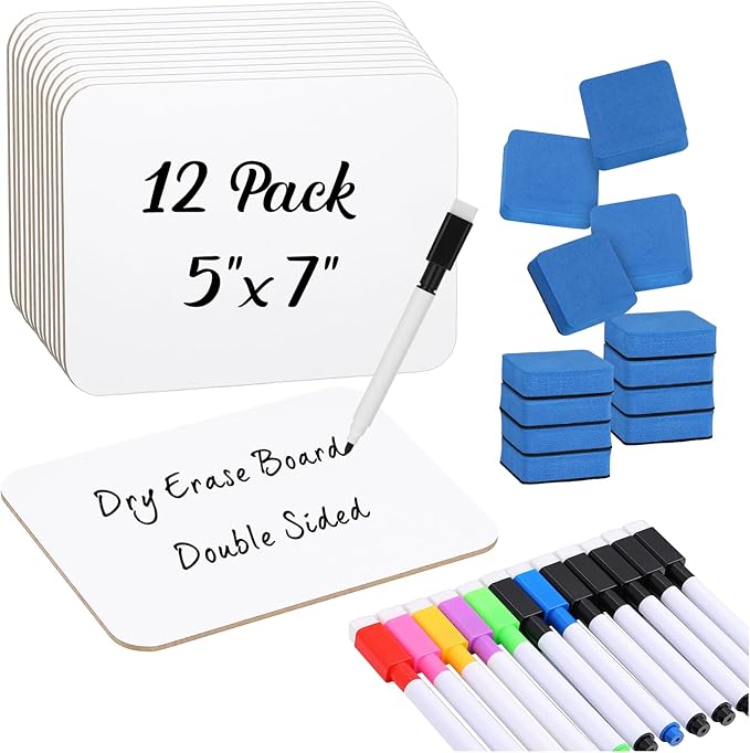 Affrolling 12 Sets Small Whiteboard Dry Erase Boards 5" x7'' Mini Double Sided Dry Erase Lap Boards with Markers Erasers Pen Holders Personal Whiteboards for Students Classroom Teacher