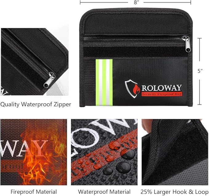 ROLOWAY Small Fireproof Bag (5 x 8 inches) with Reflective Strip, Non-Itchy Fireproof Money Bag, Fireproof Wallet Bag, Cash Fireproof Bag Set for Valuables - Passport, Currency & Keys (2-Pack Black)