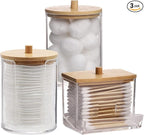 Tbestmax Bathroom Organizer Accessories Set-10 OZ Qtips Holder Storage with Bamboo Lids, Cotton Ball/Swabs Dispenser, Apothecary Container Jar 3 Pcs