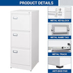 Fesbos 3 Drawers Vertical File Cabinets - 17.8" Deep Lockable Filing Cabinet - White Metal Storage Cabinets for Home Office to Hanging Files Letter/Legal/F4/A4 Size