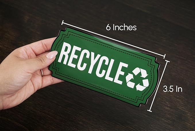 Recycle and Trash Stickers for Trash Cans - Vinyl Recycling Bin Labels - 2 Pack - 6.5" by 3" Green & Black Decals Logo Set - Waste Signs for Home Kitchen or Office Bins Indoor/Outdoor Use