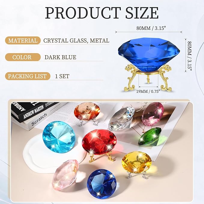 PATIKIL Diamond Crystal Paperweight, 80mm / 3.15" Crystal Paperweight Paper Weight with Gold 19 Metal Base for Home Office Desktop Table Decor Wedding Party Ornaments, Dark Blue