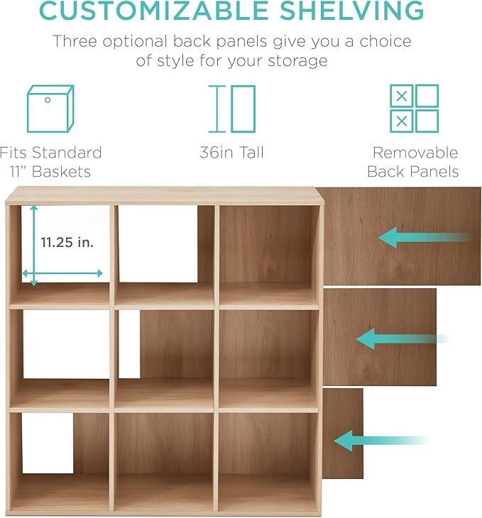 Best Choice Products 9-Cube Storage Organizer, 11in Shelf Opening, Bookcase, Display Shelf, Customizable w/ 3 Removable Back Panels - Light Oak