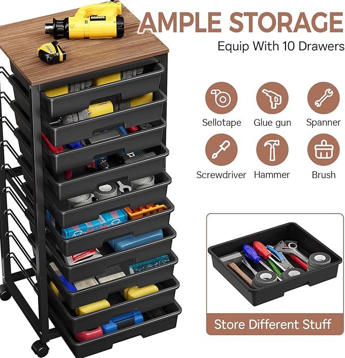 SYKIARIOL Rolling Cart with Drawers,10 Drawer Rolling Cart,Rolling storage cart with drawers,Black Rolling Drawer Cart,Teacher Rolling Cart for Classroom Storage,Craft Cart with Wooden Tabletop