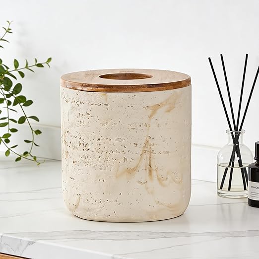 Natural Travertine Textures Beige Mini Trash Can with Bamboo Lid,Small Countertop Trash Can for Bathroom, Kitchen, Vanity, Desk Trash Can,Table Top Mini Garbage Can for Dining Room, Tiny Waste Basket