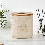 Natural Travertine Textures Beige Mini Trash Can with Bamboo Lid,Small Countertop Trash Can for Bathroom, Kitchen, Vanity, Desk Trash Can,Table Top Mini Garbage Can for Dining Room, Tiny Waste Basket