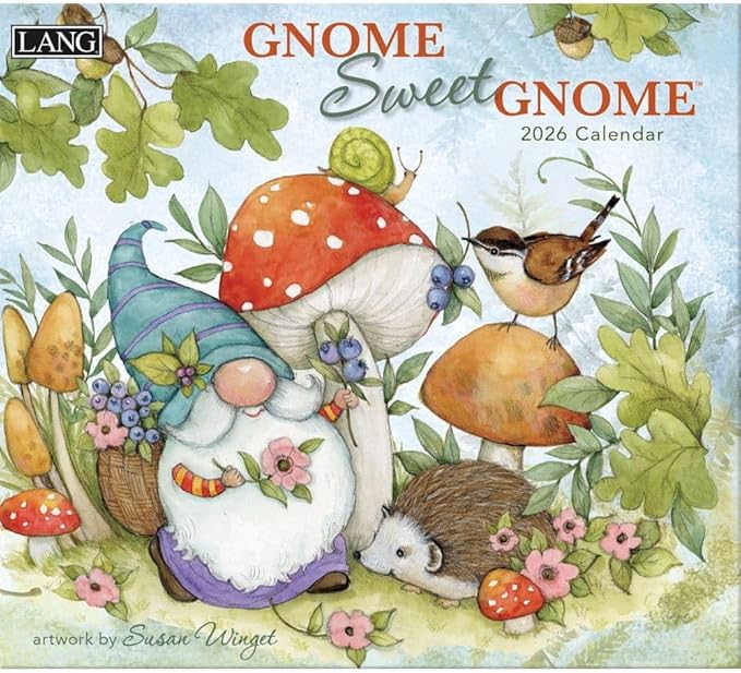 Lang Gnome Sweet Gnome 2026 Wall Calendar – 12-Month Calendar with Stapled Binding, Whimsical Gnome Artwork by Susan Winget, Linen-Embossed Paper, 13.4″ × 12″