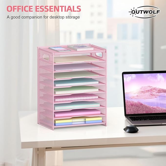 OUTWOLF 10 Tier Paper Organizer - Letter Tray Mesh Desk File Organizer with Handles for Office School Desktop,Pink