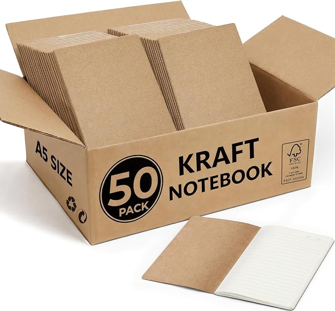 Foliom 50 Pack Kraft Notebooks Bulk A5, 60 Pages Lined Ruled Journals, 8.3x5.5 Inches, Natural Kraft Cover Composition Notebooks for School Office Students Artists
