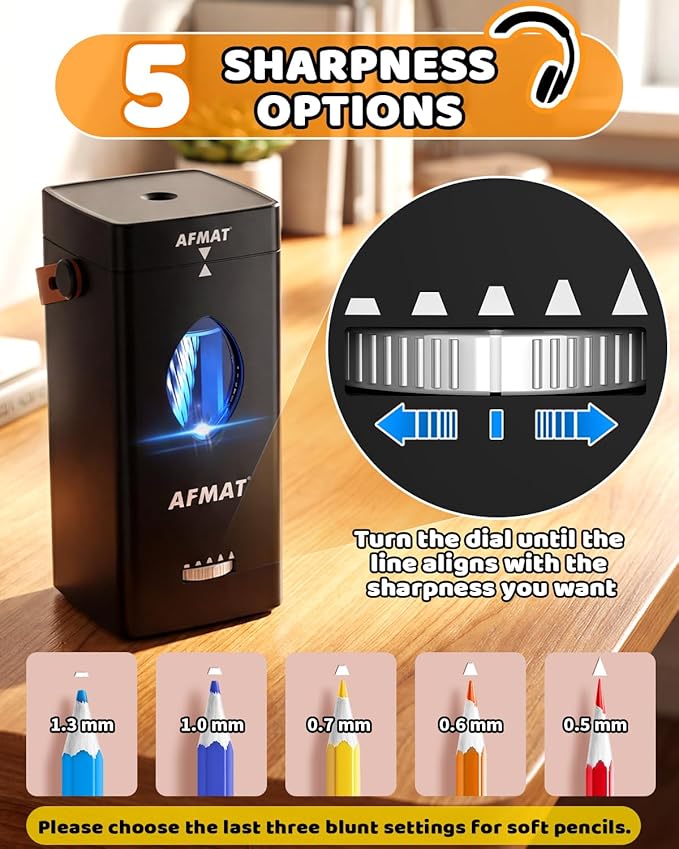 AFMAT Electric Pencil Sharpener, Fully Automatic Pencil Sharpener for 6-12mm No.2/Jumbo Pencils, Auto in & Out, 5 Sharpness Modes, Rechargeable Heavy Duty Sharpeners for Classroom/Home/Office PSC7